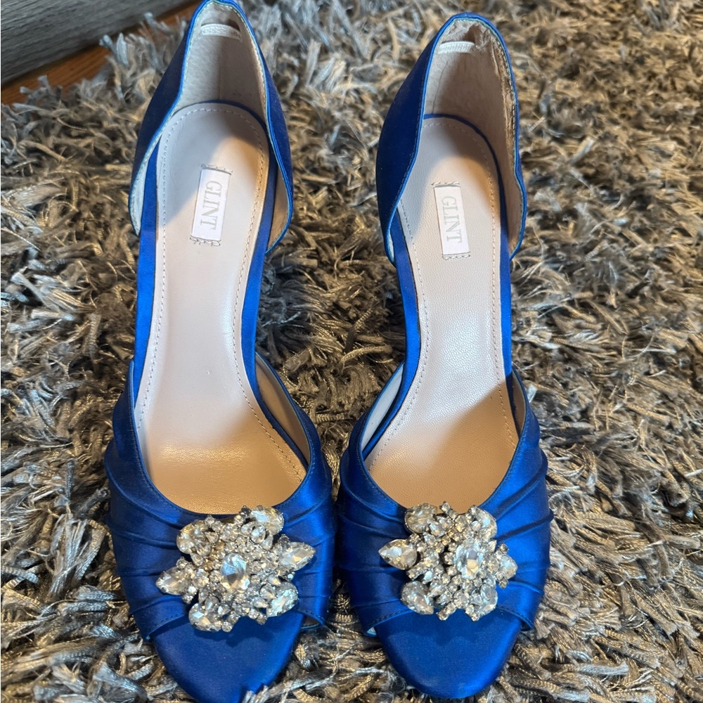 Glint Royal Blue Satin Heels with Crystal Accents